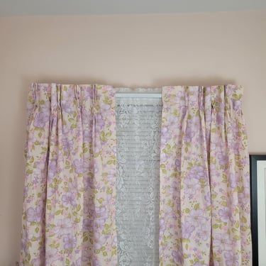 Vintage 1960's Pinch Pleat Curtains / 60s Purple Pink Floral Print Drapes / 6 Panels 