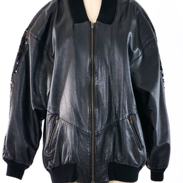 Sequin Trimmed Black Leather Bomber Jacket