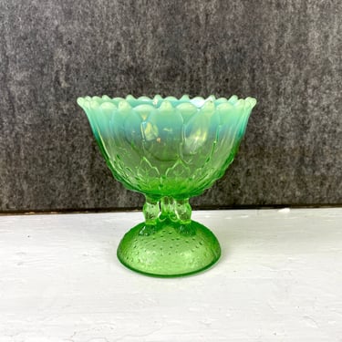 Northwoods Glass Hilltop Vines candy dish - opalescent green antique art glass 