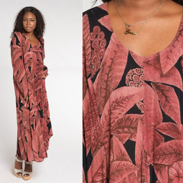 90s Maxi Dress Tropical Leaf Print Day Dress Black Pink Retro Bohemian Long Sleeve Draped Flowy Modest Rayon Vintage 1990s Nostalgia Large L 