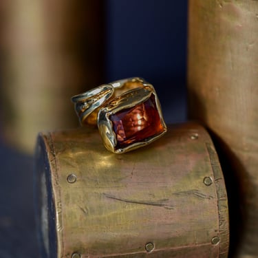 24k Gold Plated Brass and Rectangular Garnet Cut Glass Ring