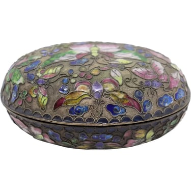 1920's Vintage Chinese Cloisonne Enamel on Metal Oval Butterflies Desk Box 