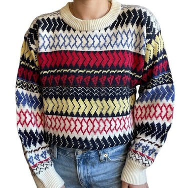 Vintage Womens 80s Retro Geometric Ski Crewneck Striped Multicolor Sweater Sz L 
