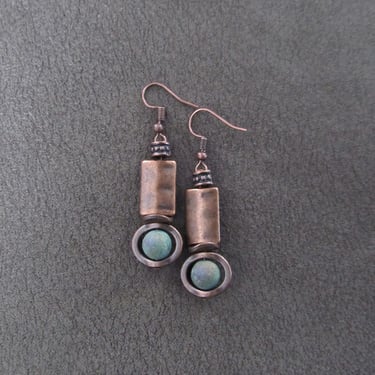 Industrial earrings, green agate and copper minimalist earrings 
