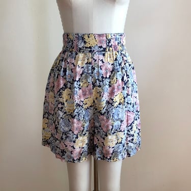 Navy and Pink Floral Print Shorts - 1990s 