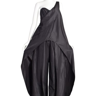 Krizia Vintage Archival Black Silk Taffeta Palazzo One Shoulder Jumpsuit