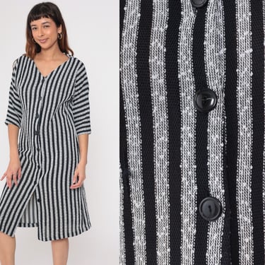 Striped Sheath Dress 90s Black White Knit Button Up Midi Dress 3/4 Dolman Sleeve Shirtdress V Neck Preppy Vintage 1990s Medium M 