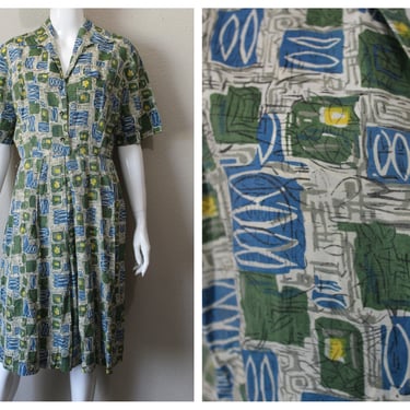 Vintage 1940s 50s Atomic Swirl Print Mode O Day California Day Dress MCM // Modern Size 10 12 Large XL Volup 