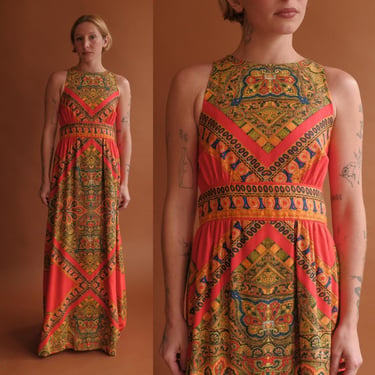 Vintage 60s Paisley Maxi Dress/ 1960s Bright Colorful Sleeveless Dress/ Size XXS 