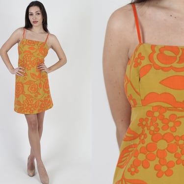 70s Hawaiian Tiki Party Dress / Bright Floral Print Frock / Tropical Vacation Cotton Sheath Mini 