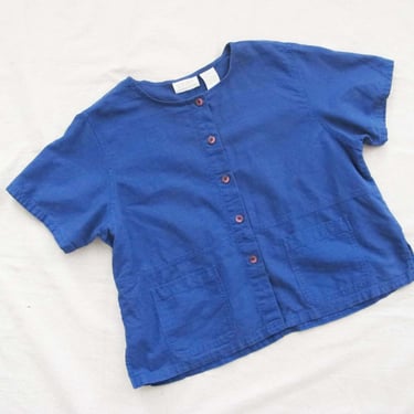 90s Bright Blue Linen Boxy Blouse L - Vintage 1990s Linen Short Sleeve Button Up Top - Solid Color Natural Fiber Minimalist Shirt 