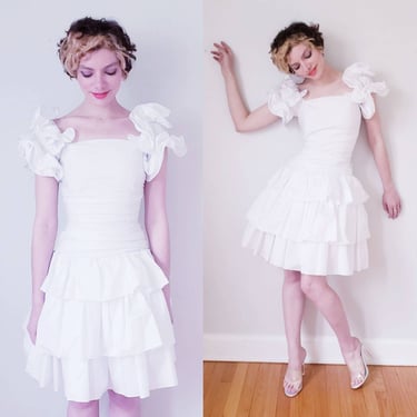 1980s White Satin Party Dress Tiered Ruffled Skirt and Sleeves / 80s White Prom Dress Sculpted Sleeves / XS Teen Juniors Youth / Molly 