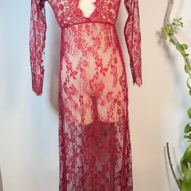 Vintage Lace Red Floral Gown | Sexy Lingerie for Women | Long Sleeve Lace Dress | Women Deep V-Neck  | Gifts For Her 