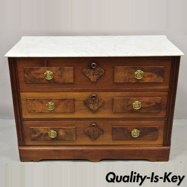 Eastlake Victorian White Marble Top Burl Walnut 3 Drawer Commode Dresser Chest