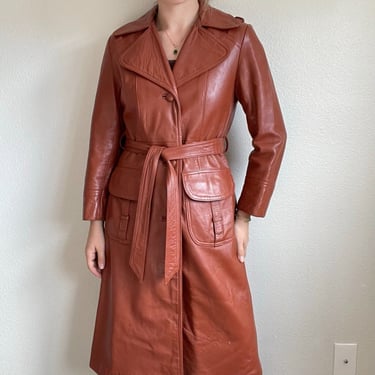 Vintage 1970s Womens Brown Leather Retro Hippy Long Trench Coat Sz M 