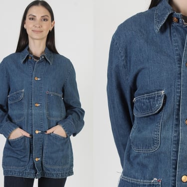 Vintage 60s Wrangler Chore Coat, Denim Jean Jacket, Sanforized Western Button Up 