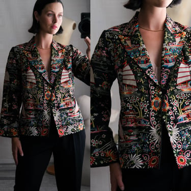 Antique Asian Black Silk Blazer w/ Vibrant Hand Embroidered Village Garden & Boat Design | 100% Silk | Vintage 1950s Chinese Silk Jacket 