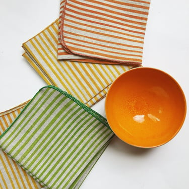 Set of citrus Striped linen napkins, green, yellow, orange hand printed, stripes, fun bright colors, lime, kitchen goods, table goods, 