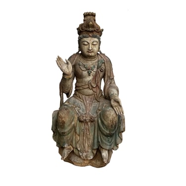 Chinese Rustic Wood Sitting Bodhisattva Kwan Yin Tara Statue ws2698E 