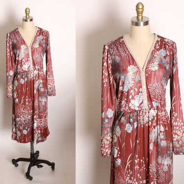 1970s Burgundy, Cream and Blue Fall Foliage Floral Flower Print Long Sleeve Dress -L 