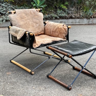 Vintage Cleo Baldon Iron & Oak Lounge Chair Ottoman 