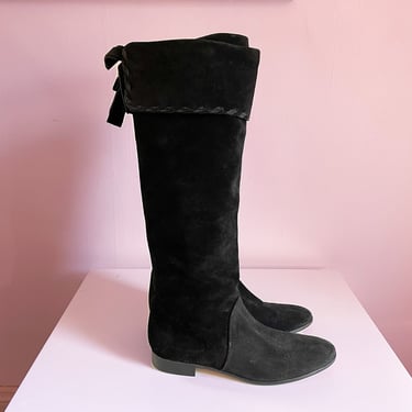 Vintage Anne Klein New York black suede riding boots, knee high, fold over cuff, 8 1/2 B 