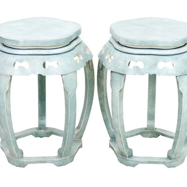 Pair of Hand Painted Chinoiserie Style Pale Blue Garden Stools