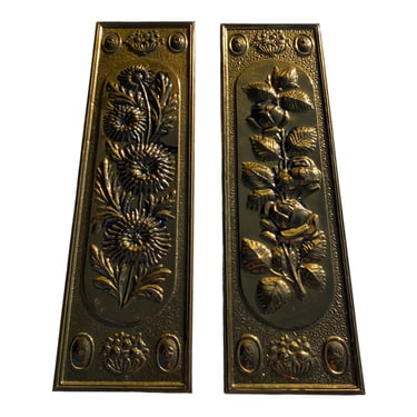 Pair of Mid Century Embossed Floral Brass Tin Wall Hangings 