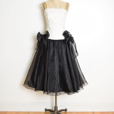 vintage 80s prom dress black organza white lace strapless party puffy gown M clothing 