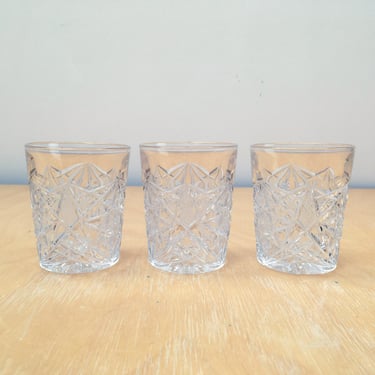 Set of 3 Heavy Crystal Cocktail Tumblers, Beautiful Vintage Clear Cut Glass Barware, with Coordinating Wine Glass and Creamer 