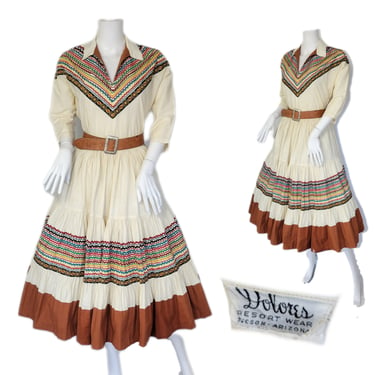 Dolores Resort Wear 1950's Ivory Cotton Circle Skirt Blouse 2 Pc Patio Set I Sz Sm I Arizona I Western 