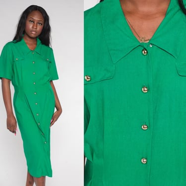 Green Silk Dress 90s Midi Dress Short Sleeve High Waisted Button up Shirtdress Retro Simple Secretary Dress Pencil Vintage 1990s Medium 10 