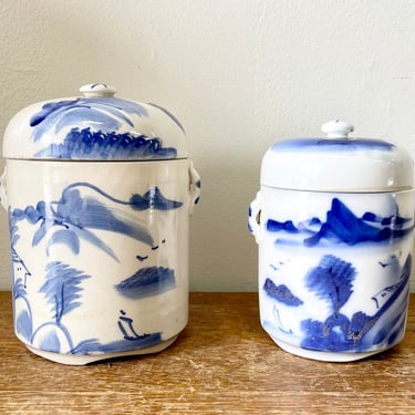 1940s Chinese Tea Caddy | Celadon Blue + White Hand-Painted Chinese Tea Canister | Double Lid | Porcelain | Insert Top | Chinoiserie 