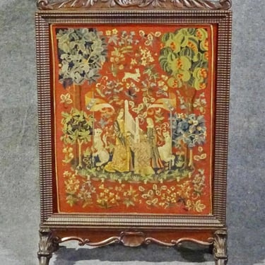 Antique Carved Walnut Victorian English Needlepoint Firescreen