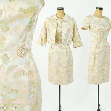 1950s Beige Floral Brocade Sheath Dress & Jacket Set | 50s Creme Brocade Dress Set | Rose Web NY | Small 