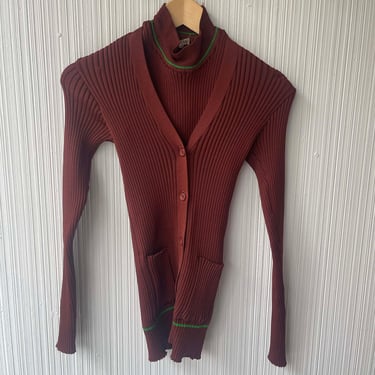 Issey Miyake burgundy ribbed knit cardigan 