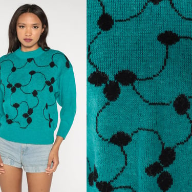 Abstract Print Sweater 80s Teal Green Vine Black Knit Pullover Jumper Acrylic Retro Fall Sweater Vintage 1980s Small S 