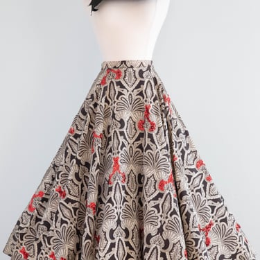 Gorgeous 1950's Black & White Paisley Circle Skirt With Red Sequins & Pockets / Small