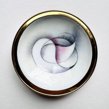 Very Fine Modernist Abstract Enamel Gold Plate Trinket Dish Bowl, Mystery Artist 