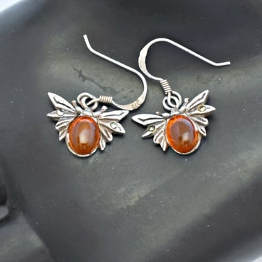 60's sterling amber pyrite bee dangles, whimsical little 925 silver marcasite insect earrings 