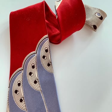 1940's Art Deco Tie - VAN HEUSEN Van Criuse  - Quality Silk - Deco Swirl Design - Deep Red, Cream, Blue & Black 