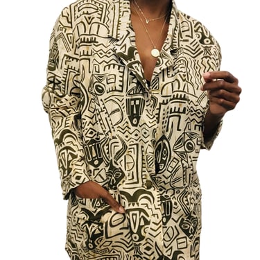 Vintage Graphic Mask Print Silk Blazer