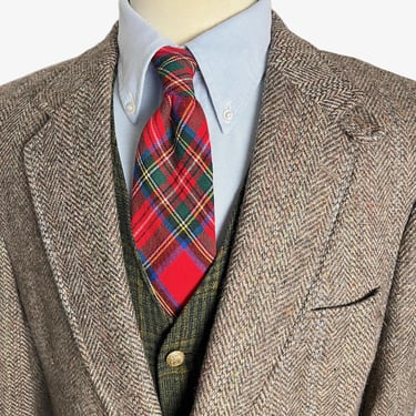 Vintage 100% Wool TWEED Hacking Jacket ~ 42 Long ~ sport coat / blazer ~ Herringbone ~ Chinstrap ~ Hunting ~ Ivy Style / Preppy / Trad ~ 