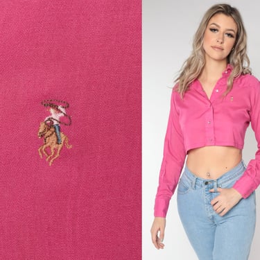 90s Western Shirt Crop Top Bright Pink Pearl Snap COWBOY Blouse Rodeo Shirt Cotton Long Sleeve 1990s Vintage Bohemian Button Up Small 