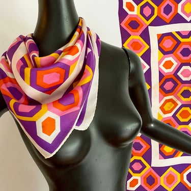 Vintage 60s 70s MOD Scarf | Groovy Geometric Hexagon Print Orange, Purple, Pink & Yellow | Signed Christine | Hippie Boho Fashion Accessory 