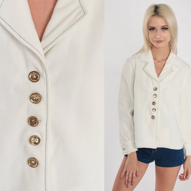 White Button Up Shirt 70s Blouse Vintage Plain Top Simple Collared Shirt 1970s Retro Long Sleeve Seventies Disco Notched Collar Small S 