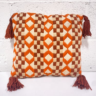 Vintage Orange and Brown Woven Pillow with Tassels