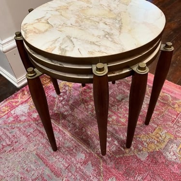 Set of three mid century stacking tables. 18” x 15.75” 