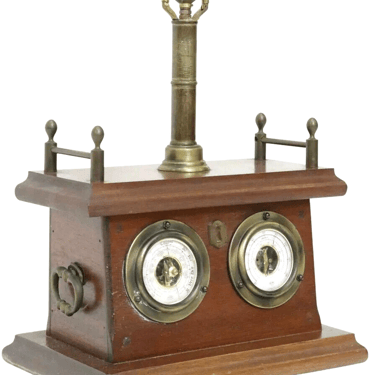 Lamp, Table, Mahogany-Cased Weather Station, Barometer Gauge, Vintage / Antique