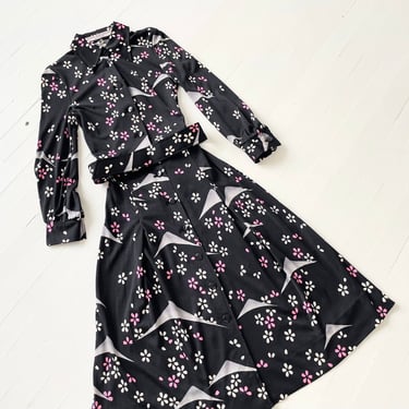 1970s Hanae Mori Dark Floral Print Jersey Dress 